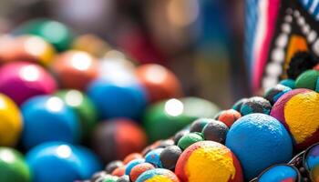 une vibrant collection de coloré décorations, des balles, et traditionnel artisanat généré par ai photo