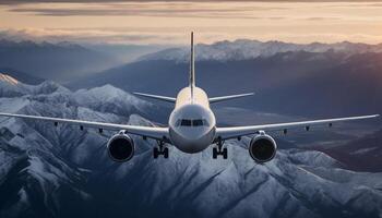 en volant commercial avion plus de neigeux Montagne gamme, une Stupéfiant périple généré par ai photo