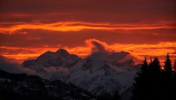 majestueux Montagne culminer, neige couvert paysage, le coucher du soleil des peintures spectaculaire ciel généré par ai photo