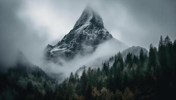 majestueux Montagne culminer, neige couvert, brumeux, tranquille scène, région sauvage aventure généré par ai photo