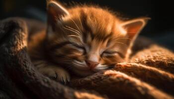 mignonne chaton dormant, fourrure douceur, rayé, yeux fermé, tranquille scène généré par ai photo