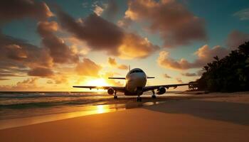 avion en volant à coucher de soleil, transportant les passagers sur une affaires périple généré par ai photo