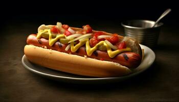 grillé du boeuf chaud chien, mauvais pour la santé collation, américain culture, gourmet généré par ai photo