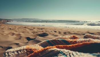 le coucher du soleil plus de le littoral, vagues crash sur sablonneux des plages généré par ai photo