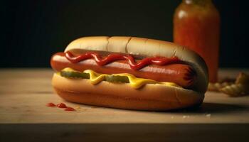 grillé du boeuf chaud chien sur chignon avec ketchup généré par ai photo