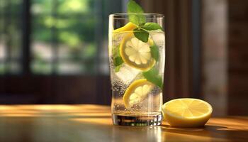 Frais limonade, une rafraîchissant été cocktail sur en bois table généré par ai photo