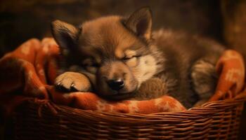 mignonne chiot dormant, duveteux et confortable dans une panier généré par ai photo