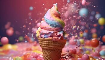 la glace crème cône, coloré bonbons, rafraîchissant été délice généré par ai photo