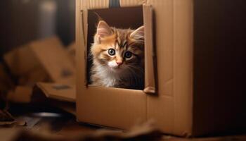 mignonne chaton cache dans boîte, regarder avec curieuse yeux généré par ai photo