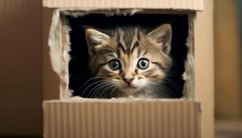 mignonne chaton cache dans une papier carton boîte, furtivement en dehors généré par ai photo