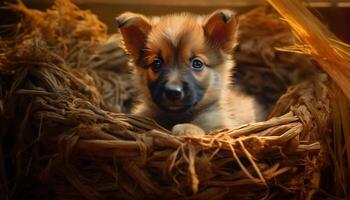 mignonne chiot en jouant en plein air, à la recherche à caméra avec duveteux fourrure généré par ai photo