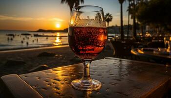 le coucher du soleil plus de le littoral, une verre de du vin sur le table généré par ai photo