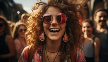 souriant femmes dans des lunettes de soleil prendre plaisir de bonne humeur été en plein air avec copains généré par ai photo