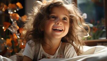 souriant enfant, mignonne et joyeux, apporte bonheur à famille fête généré par ai photo