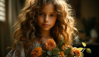 une mignonne caucasien fille avec frisé marron cheveux souriant à caméra généré par ai photo