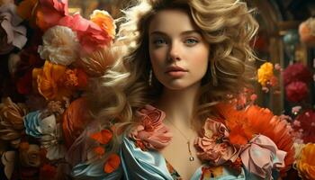 une magnifique Jeune femme avec blond cheveux et une fleur généré par ai photo