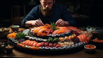 une assiette de Frais fruit de mer, poisson, et gourmet sashimi Rouleaux généré par ai photo