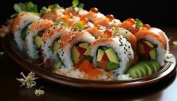 fraîcheur et des cultures roulé en haut dans une assiette de Sushi généré par ai photo