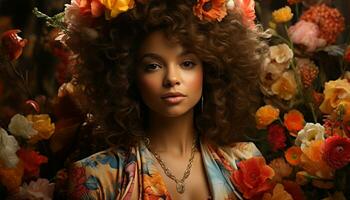 une magnifique Jeune femme avec frisé cheveux et une fleur généré par ai photo