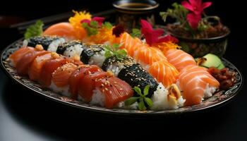 Frais Fruit de mer plaque, Sushi Rouleaux, en bonne santé alimentaire, Japonais culture, à manger généré par ai photo