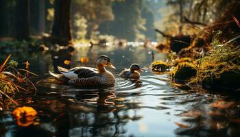 canard dans étang, entouré par la nature beauté, reflétant l'automne couleurs généré par ai photo