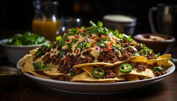 fraîcheur sur une assiette gourmet tacos, Viande, guacamole, et des légumes généré par ai photo