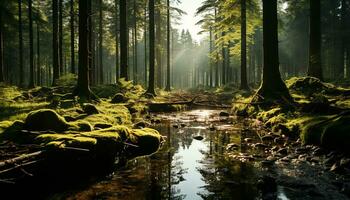 tranquille scène de une foncé forêt avec une brumeux étang généré par ai photo