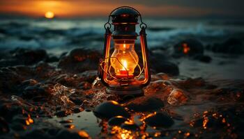 embrasé lanterne illumine tranquille littoral, création une romantique crépuscule scène généré par ai photo