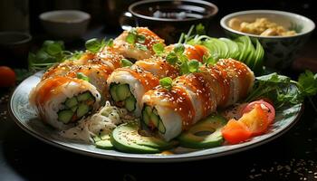 fraîcheur et les saveurs de fruit de mer, légumes, et riz dans Sushi généré par ai photo