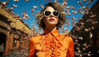 une magnifique Jeune femme dans des lunettes de soleil dégage confiance et élégance généré par ai photo