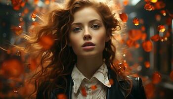 une magnifique Jeune femme avec longue marron cheveux souriant en plein air généré par ai photo