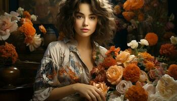 magnifique femme avec frisé cheveux en portant une bouquet, à la recherche à caméra généré par ai photo