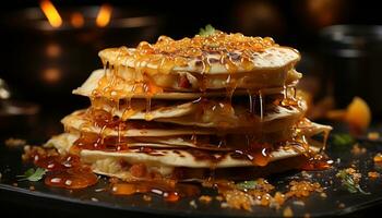 fraîchement cuit empiler de sucré Crêpes sur rustique en bois table généré par ai photo