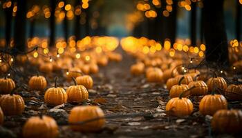 l'automne nuit, citrouille lanterne brille, Halloween fête dans la nature généré par ai photo