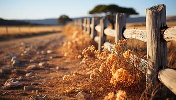 tranquille ferme prairie, rustique clôture, l'automne arbre, été le coucher du soleil généré par ai photo