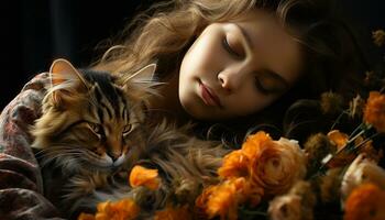 une mignonne fille embrasse une en train de dormir chaton, souriant avec l'amour généré par ai photo