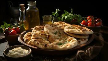 Frais fait maison gourmet Pizza sur rustique en bois table généré par ai photo