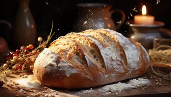 fraîchement cuit fait maison pain sur rustique en bois table généré par ai photo