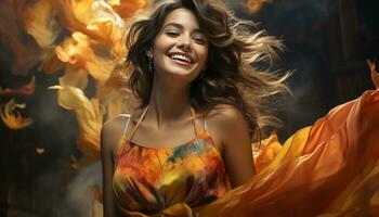 une magnifique Jeune femme, souriant avec joie, profiter la nature généré par ai photo