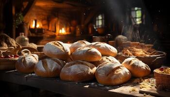 fraîchement cuit rustique pain sur en bois tableau, fait maison et biologique généré par ai photo