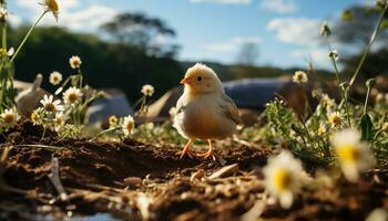 mignonne Jaune bébé poulet éclosion dans vert Prairie généré par ai photo