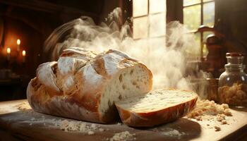fraîchement cuit pain sur en bois tableau, une gourmet fait maison repas généré par ai photo