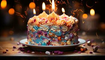 anniversaire fête avec une gourmet Chocolat gâteau, coloré décorations, et bougies généré par ai photo