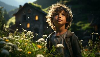 souriant enfant pièces dans magnifique prairie, profiter la nature beauté généré par ai photo