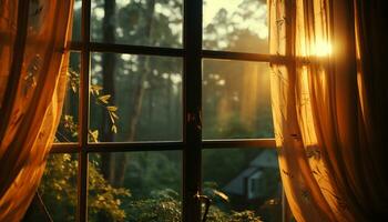 le coucher du soleil plus de le forêt, la nature beauté par le fenêtre généré par ai photo