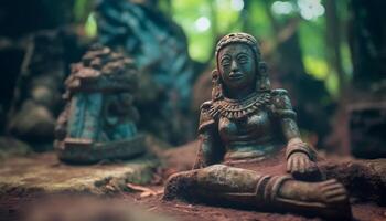 ancien hindou sculpture, une symbole de spiritualité dans abandonné ruines généré par ai photo