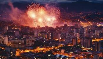 nuit paysage urbain avec feu d'artifice afficher éclairant Urbain ligne d'horizon, exploser dans multi coloré fête généré par ai photo