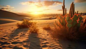 le sable dune, coucher de soleil, paysage, en plein air, sec, lumière du soleil, chaleur, température, aride climat généré par ai photo