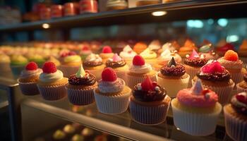 une délicieux assortiment de coloré petits gâteaux pour une anniversaire fête généré par ai photo