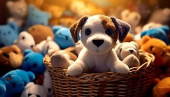 mignonne chien séance avec jouet, duveteux fourrure, de race, espiègle chiot généré par ai photo